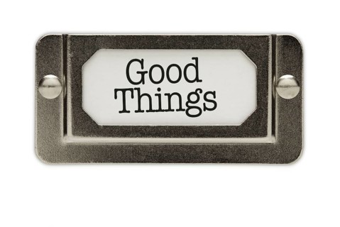 Good things file drawer label isolated on a white background