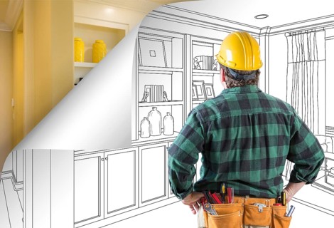 Contractor facing built-in shelves and cabinets drawing with page corner flipping to completed photo behind