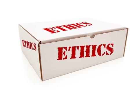 White box with the word ethics on the sides isolated on a white background