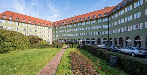 Inner courtyard with park and green residential buildings