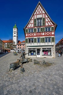 Tower of St. Martin's Church and half-timbered house with St. Anthony's Fountain by Werner Guertner in the historic old town