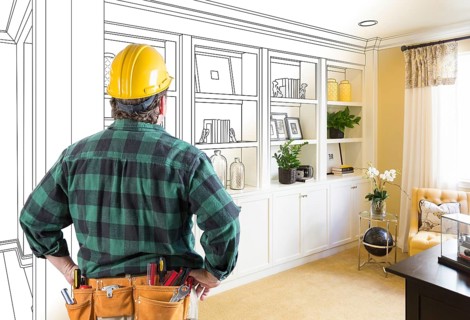 Facing custom built-in shelves and cabinets design drawing gradating to finished photo