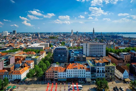 Aerial view of Antwerp city cetner with Cathedral of Our Lady Antwerp