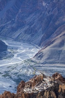 Famous indian tourist landmark Dhankar monastry perched on a cliff in Himalayas. Dhankar