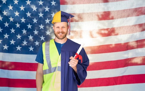 Split screen male graduate in cap and gown to engineer in hard hat in front of american flag