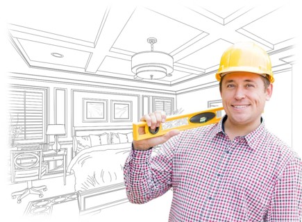 Smiling contractor in hard hat with level over custom bedroom drawing and photo combination