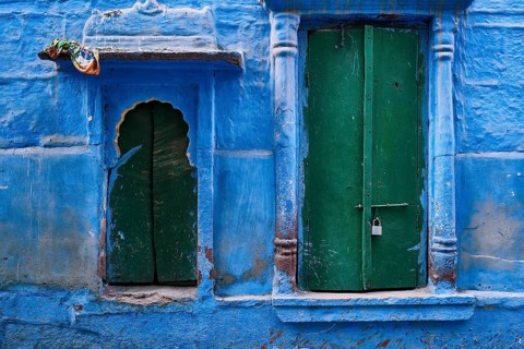 Blue house facade in streets of of Jodhpur