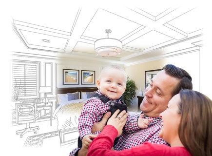 Happy young family with baby over custom bedroom drawing and photo combination