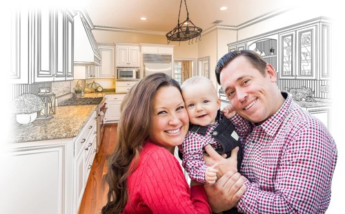 Happy young family over custom kitchen design drawing and photo combination