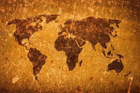 Old grunge world map on canvas