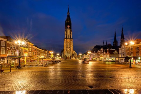 Nieuwe Kerk New Church protestant church on Delft Market Square Markt in the evening