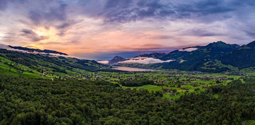 Aerial view over the village of Giswil and Lake Sarnen in the canton of Obwalden