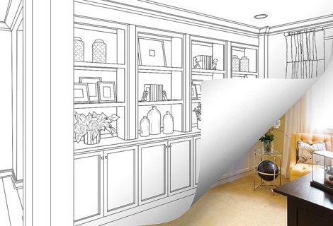 Built-in shelves and cabinets drawing with page corner flipping to completed photo behind