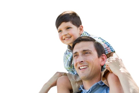 Father and son playing piggyback isolated on a white background