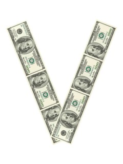 Letter V made of dollars isolated on white background