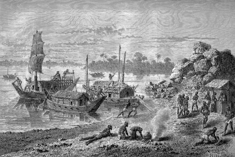 Boats and boatmen on the Ganges in 1880