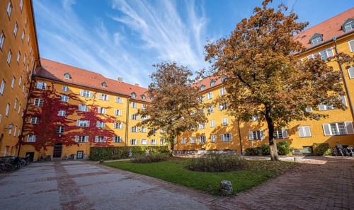 Inner courtyard with yellow apartment buildings
