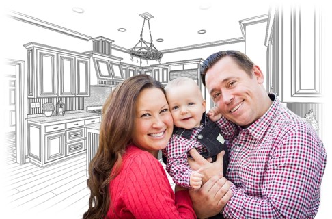 Happy young family over custom kitchen and design drawing