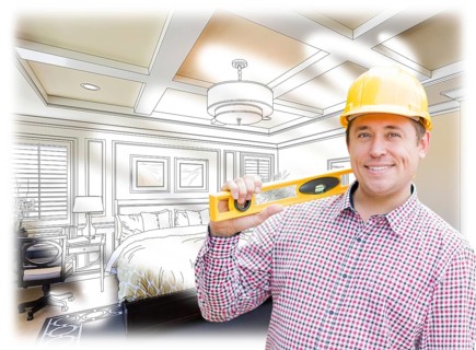 Smiling contractor in hard hat with level over custom bedroom drawing and photo combination