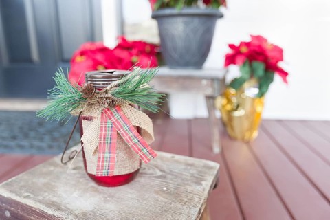 Christmas decorations at front door of house