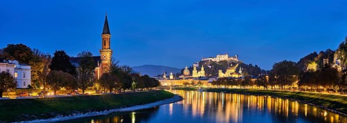 Salzburg city evening panorama. Cathedral