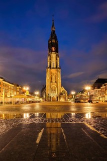 Nieuwe Kerk New Church protestant church on Delft Market Square Markt in the evening