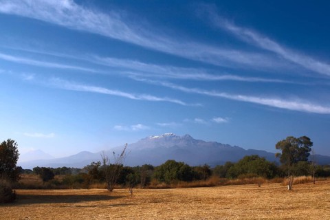 Popocatepetl volcano and blue sky in Mexico