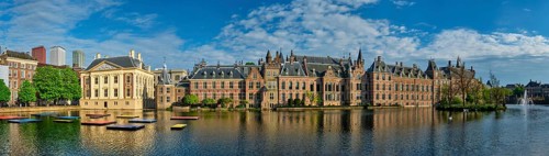 Panorama of the Binnenhof House of Parliament and Mauritshuis museum and the Hofvijver lake. The Hague