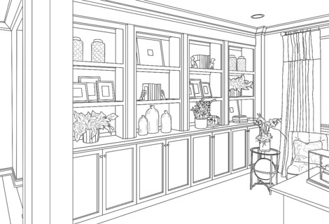 Detailed drawing of custom living room built-in shelves and cabinets