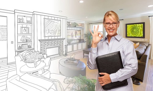 Woman with okay sign over custom bedroom drawing and photo combination