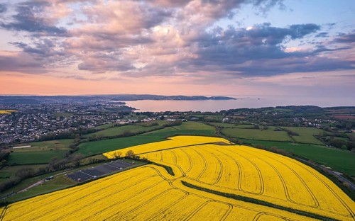 Sunset over Devon Fields and Farmlands from a drone