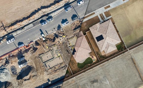 Drone aerial view cross section of home construction site