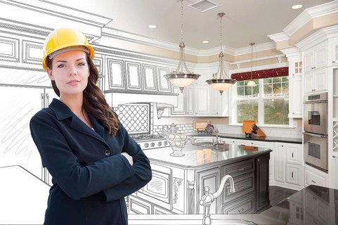 Female contractor over kitchen drawing gradating to photo