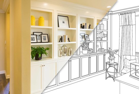 Custom built-in shelves and cabinets design drawing with cross section of finished photo