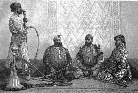 Men smoking hookah in a Hindustan teahouse in 1880