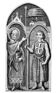 A bishop presents the Oriflamme to a crusader