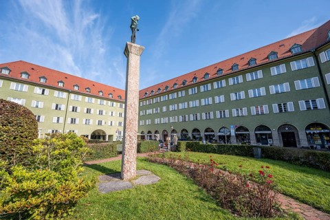 Inner courtyard with park and green residential buildings