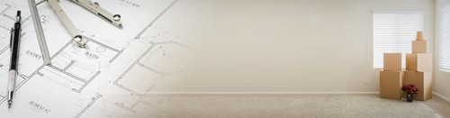 Gradated banner with house plans and empty room with boxes