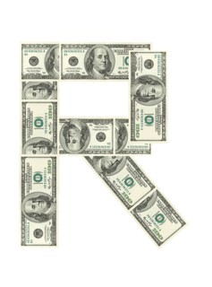 Letter R made of dollars isolated on white background