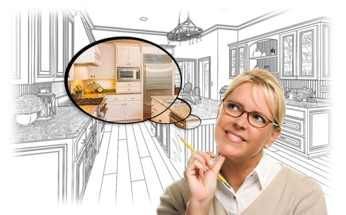 Creative woman with pencil over custom kitchen drawing and thought bubble photo combination
