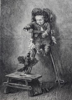 Amused naughty boy in a baby chair teases a bird sitting in front of him