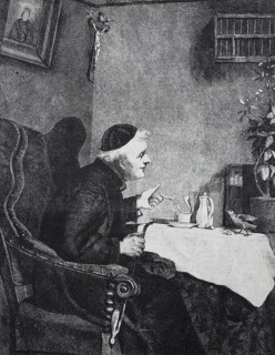 Priest sitting at the table and has caught a bird picking up the cake crumbs