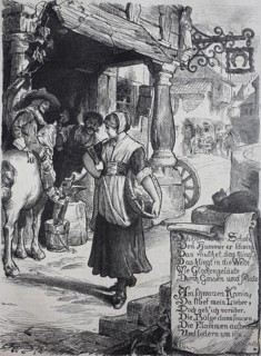 Young woman passing a blacksmith's shop