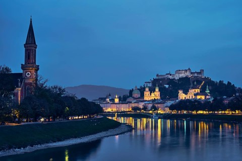 Salzburg city evening view. Cathedral