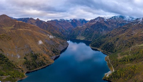 Aerial view of the Lago di Luzzone reservoir in the Valle di Blenio in the canton of Ticino