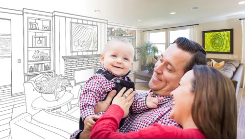 Happy young family over custom living room design drawing photo combination