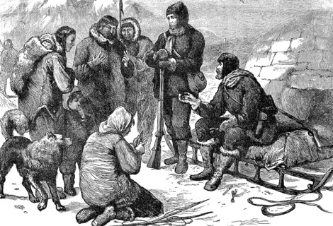Eskimos and fur hunters talking in front of an igloo