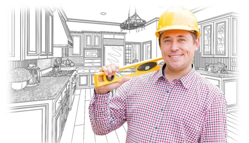 Smiling contractor in hard hat with level over custom kitchen drawing