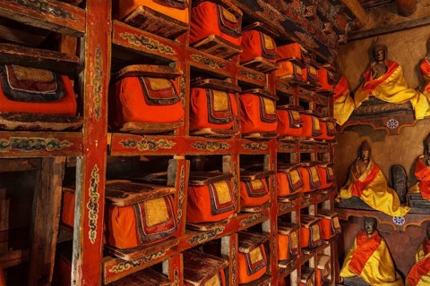 Folios of old manuscripts in library of Thiksey Gompa