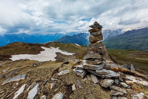 Stone cairn in Himalayas. Near Manali